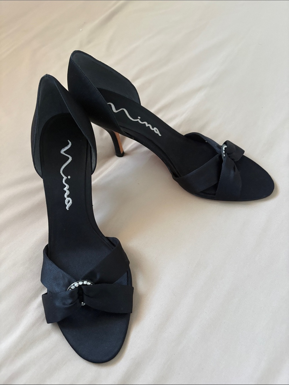 Nina Black Satin Open-Toe Heels with Bow and Rhinestone Detail